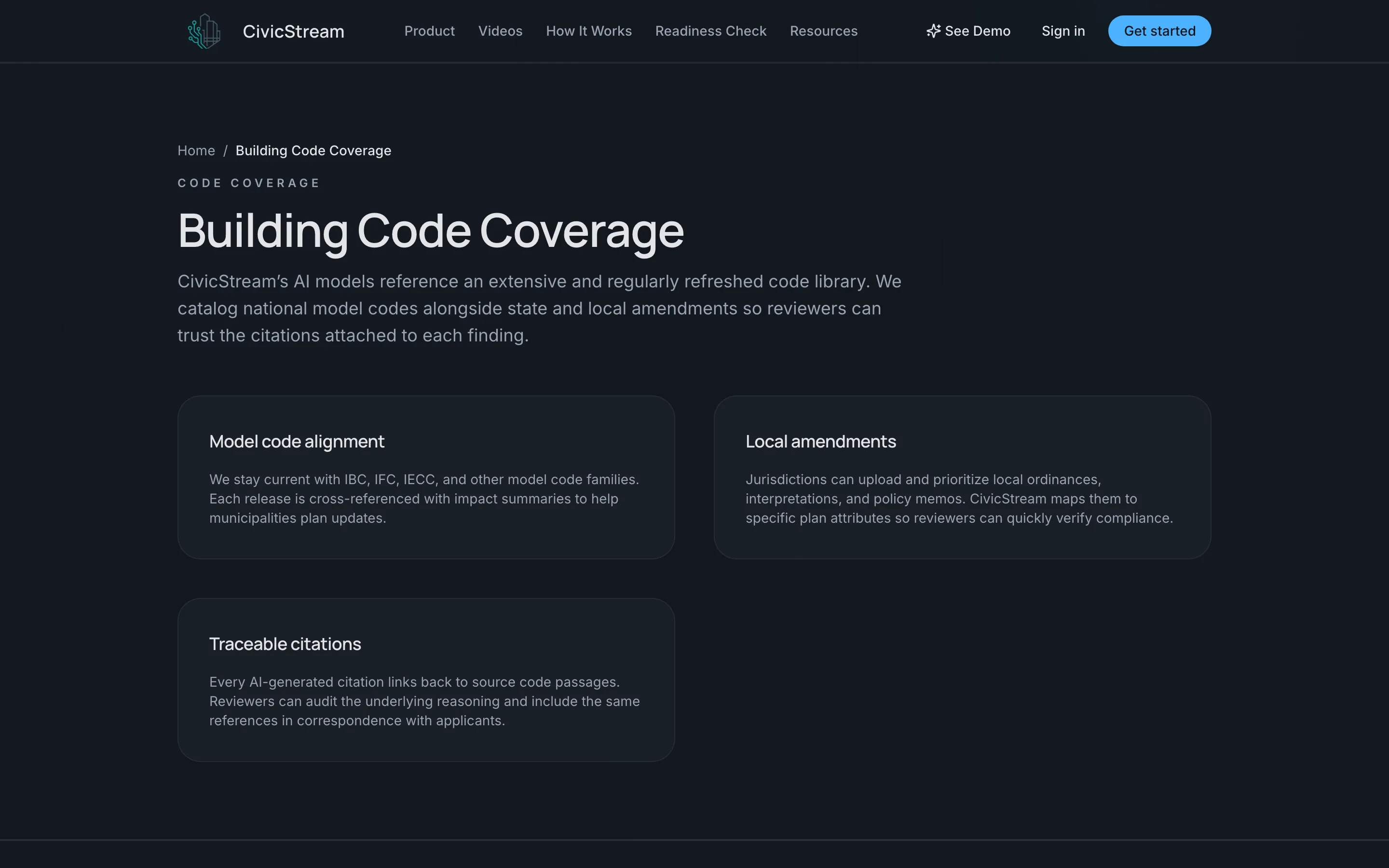 CivicStream Building Code Coverage page listing model code alignment with IBC, IFC, and IECC, local amendments, and traceable citations that link back to source code passages