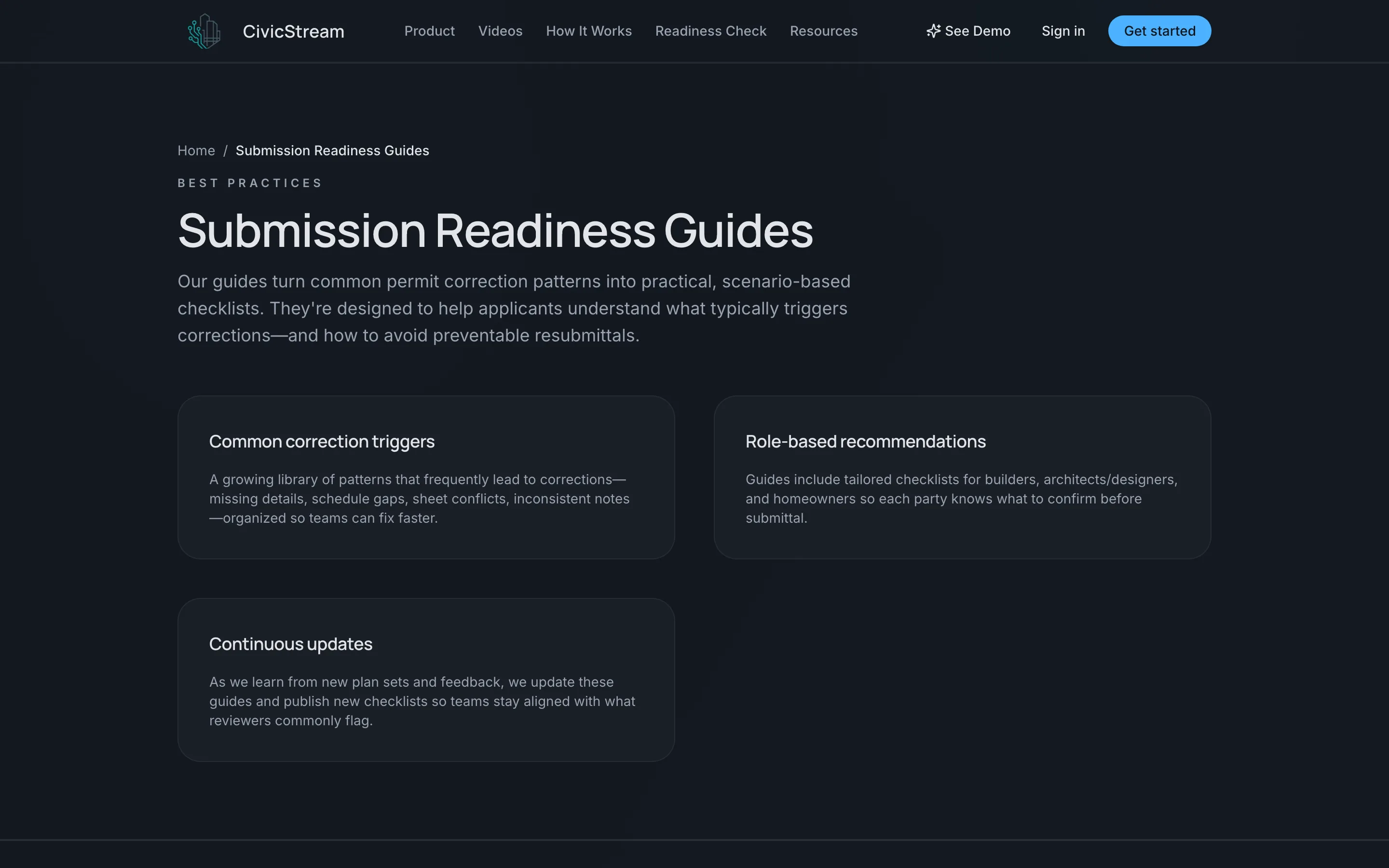 CivicStream Submission Readiness Guides page with cards for common correction triggers, role-based recommendations, and continuous updates