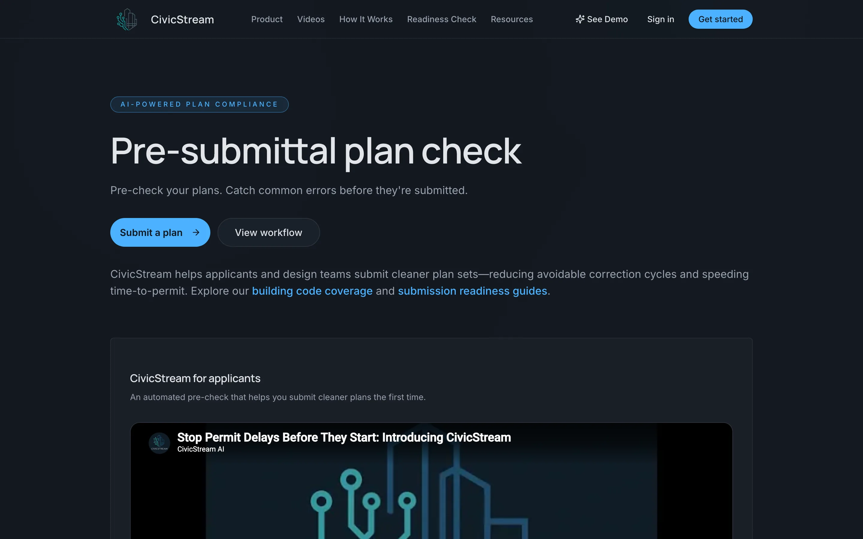 CivicStream homepage hero with the headline Pre-submittal plan check and an AI-powered plan compliance badge