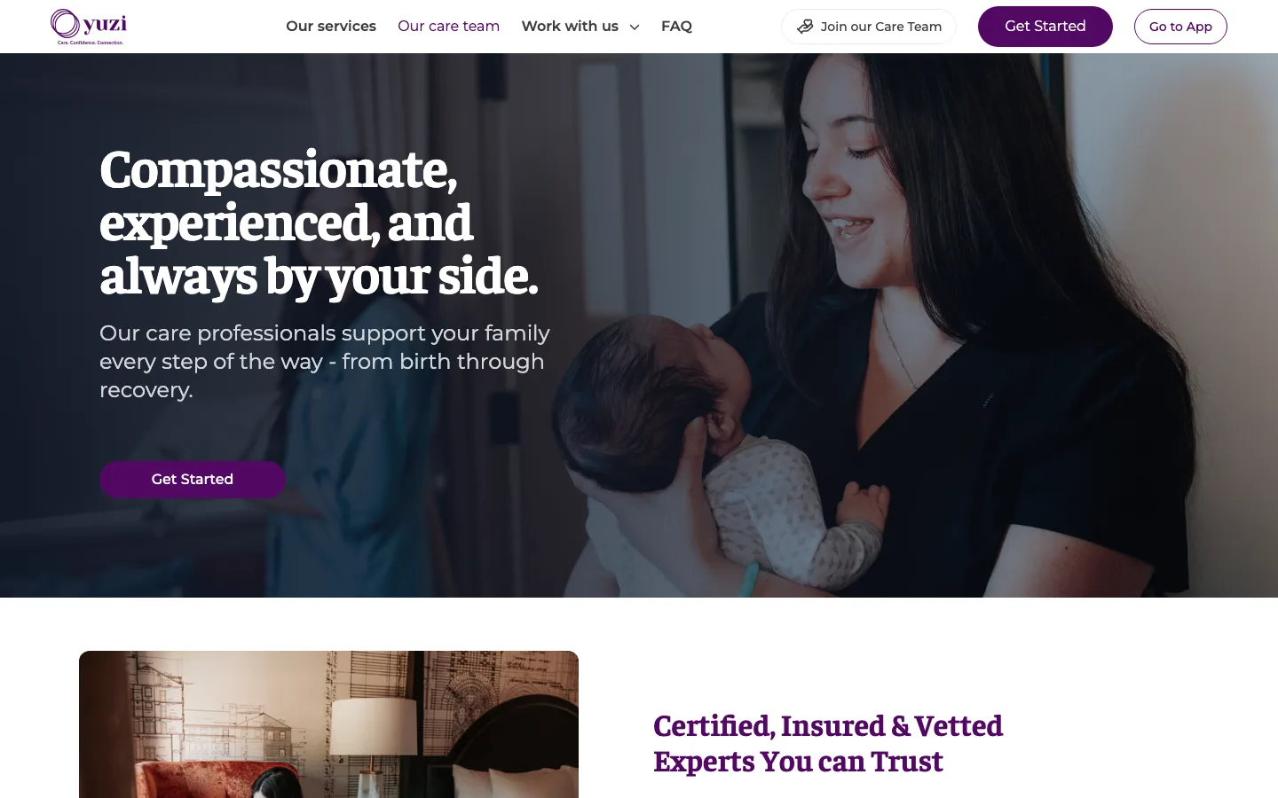Yuzi Care care team page introducing certified, insured, and vetted care professionals