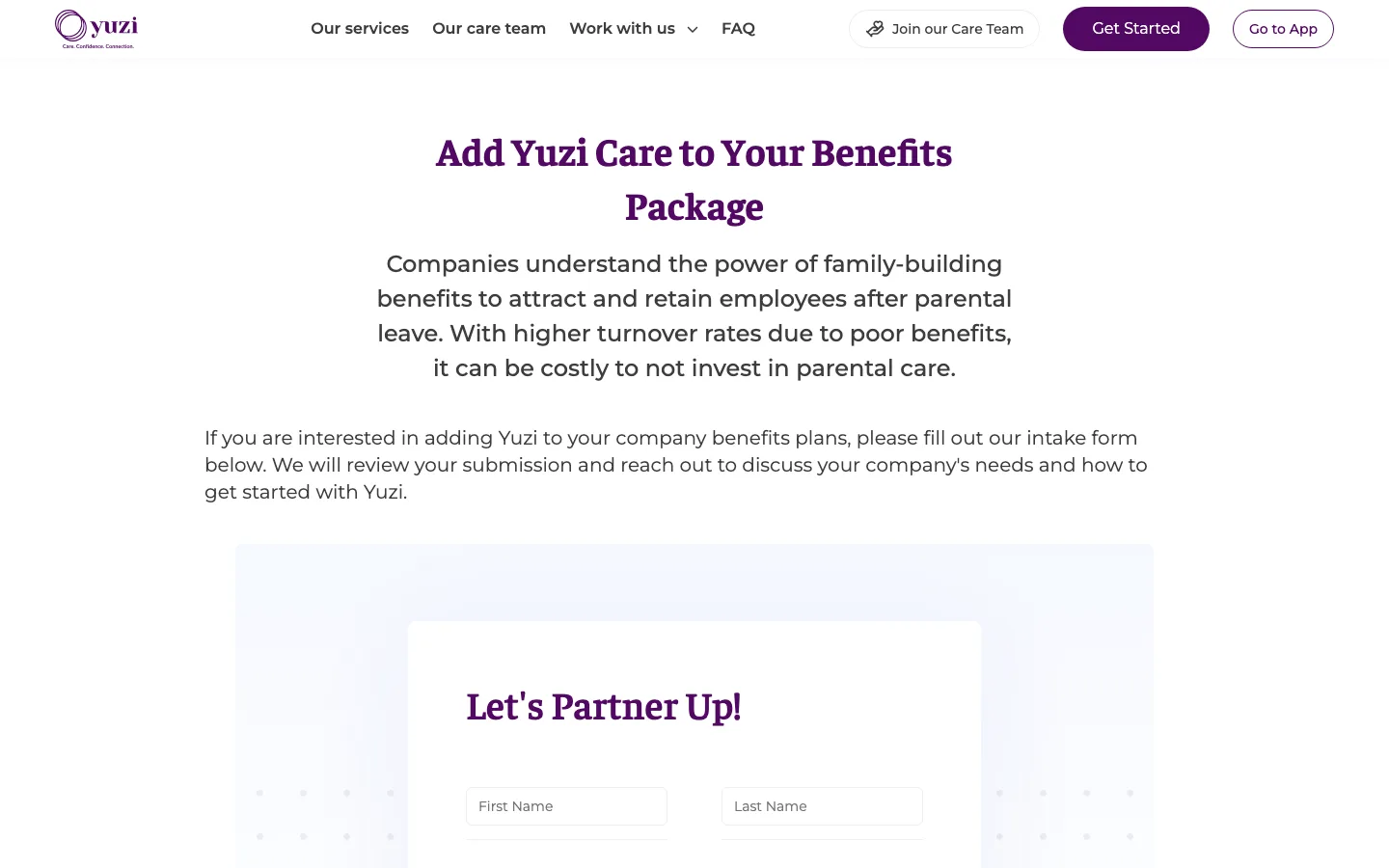 Yuzi Care employers page for adding perinatal care to a company benefits package