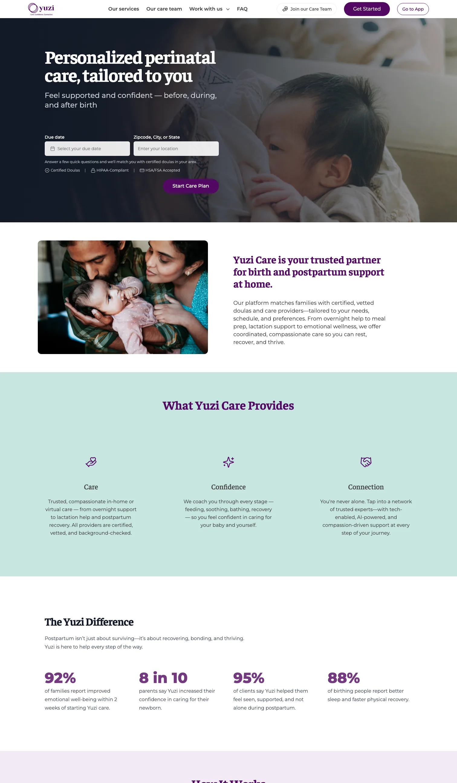 The current 2026 Yuzi Care homepage, an AI-powered perinatal care platform built and maintained with Rainier Digital Solutions